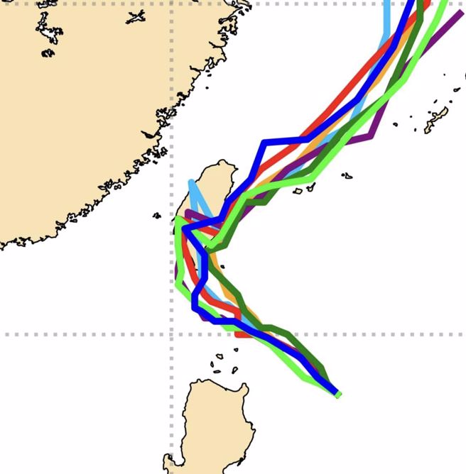 AI路徑則預測，山陀兒颱風大致在恆春半島西側至台東近海為主。（翻攝自賈新興臉書）
