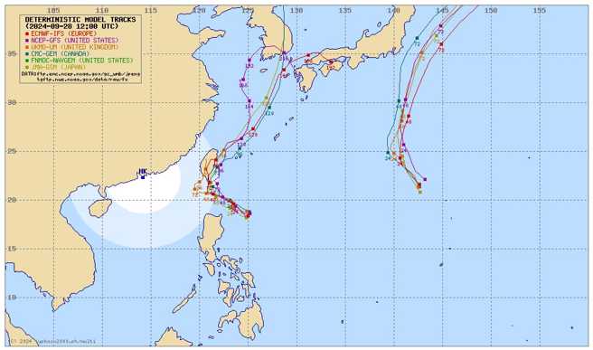 美國模式預測颱風路徑比較偏東、歐洲模式最偏西。（翻攝自賈新興臉書）