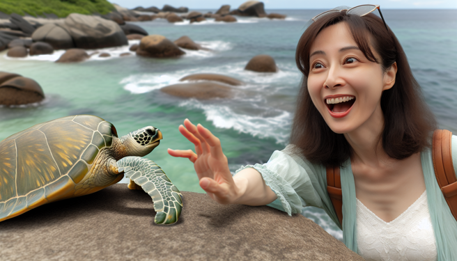 小琉球美人洞喜见绿蠵龟，女子开心摸了几下，被判处拘役40日，可易科罚金。可上诉。（示意图、与本案无关／AI生成）
