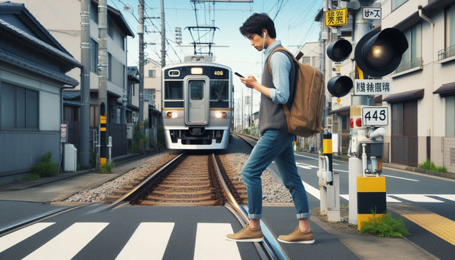日本横滨市发生一起年轻外籍男子，只顾滑手机，在平交道遭列车撞死案件。（示意图、与本案无关／AI生成）