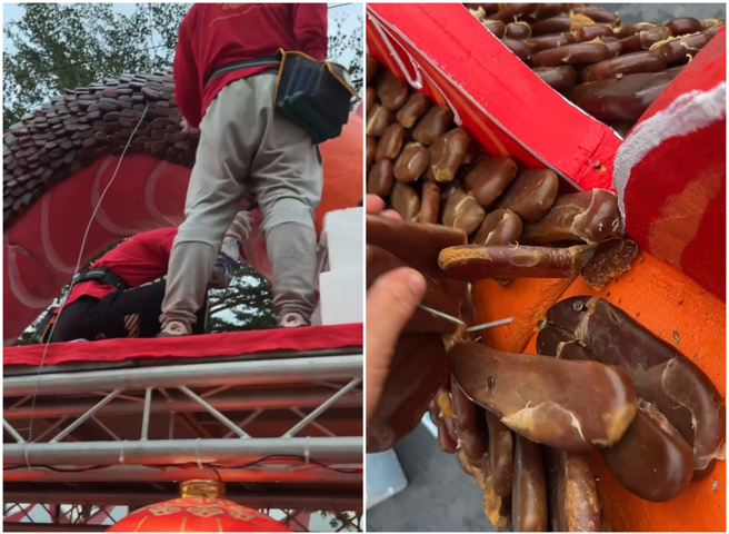 因山陀儿颱风来袭，东港迎王活动应变防颱，工作团队火速拆除「双龙双凤平安桥」上1000斤的乌鱼子。（图／摄自 threads@ft19990901）
