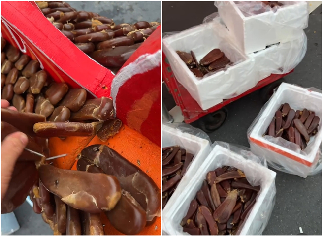 因山陀儿颱风来袭，东港迎王活动应变防颱，工作团队火速拆除「双龙双凤平安桥」上1000斤的乌鱼子。（图／摄自 threads@ft19990901）