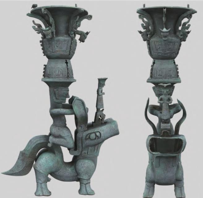 銅獸馱跪坐人頂尊銅像數位復原。（圖：四川文物）