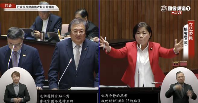 国民党立委杨琼璎（右）质询行政院长卓荣泰（左）、卫福部长邱泰源（中）。（国会频道）