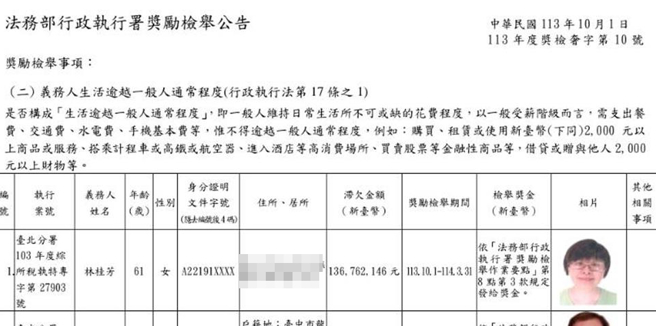 「不动产信托教父」欠税1.3亿，行政执行署今对其妻林桂芳祭出悬赏令。（摘自行政执行署官网）