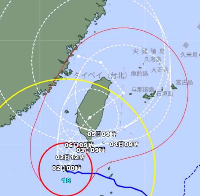 颱风从花莲出海后，4日又大转弯朝北部近海去。（翻摄自日本气象厅官网）