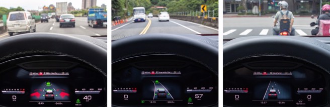  ACC模式下能警示左右两车道盲区（左）、车道置中行驶（中）、还可辨识机车（右）等功能。（陈大任摄）