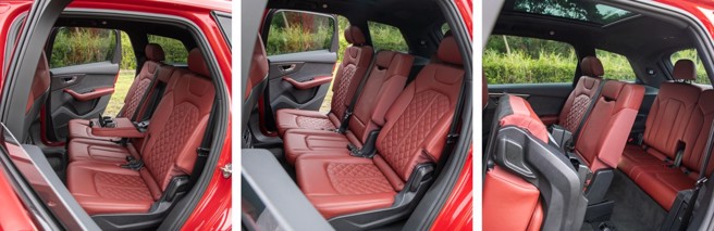 第二排椅配置中央扶手（左）、可前后滑移（中）及折迭供第三排乘客进出（右）。（陈大任摄）