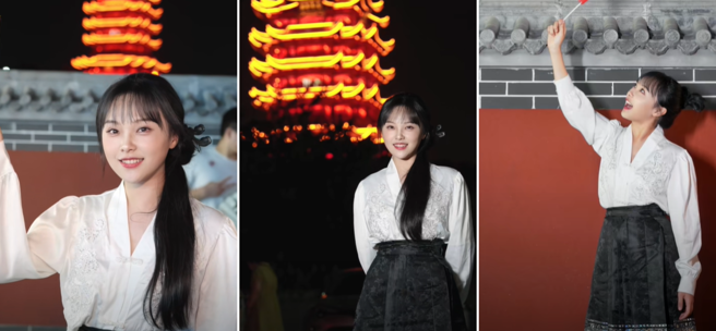 挖呀挖老师穿着改良式旗袍状态被讚。（图／翻摄自抖音@教音乐的花开富贵）