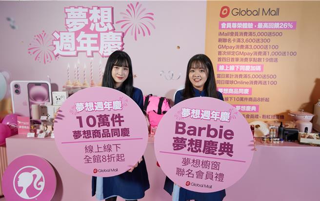 Global Mall周年慶首波於3日開跑，推10萬件夢想商品6折起優惠及合作芭比推聯名會員禮。（Global Mall提供／朱世凱台北傳真）