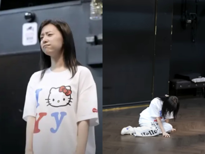 金智媛穿宽松Hello Kitty图案上衣认真练舞，过程中累到趴地，呆萌表情超可爱。（图／翻摄自YouTube  HighZium studio）