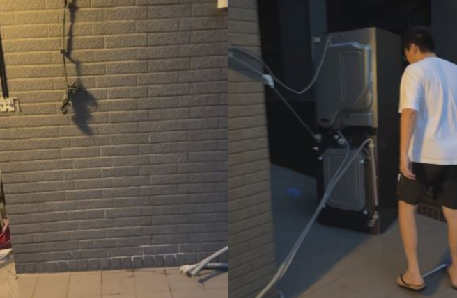 有高雄民眾表示，她家的洗衣机被颱风吹到移位，电线甚至被吹断。（图／threads网友＠bd.mm134913授权提供）