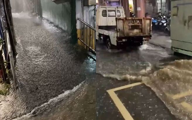 山陀兒颱風還未登陸，基隆、瑞芳下起大雨導致多處路段嚴重積水。（圖／翻攝畫面）