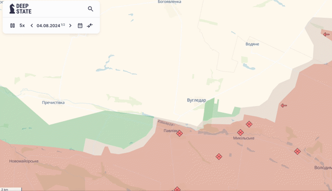 2024年8月至10月2日，俄军于胡歷达尔方向攻势。（翻摄自乌克兰Deep State开源图资）