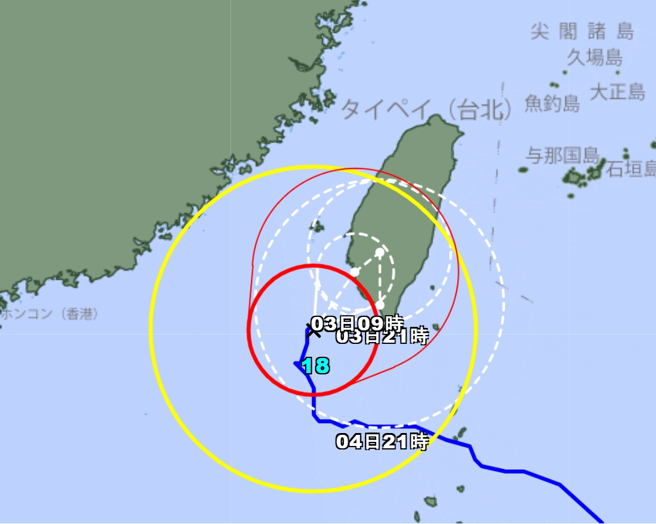 日本气象厅今晚更新山陀儿路径预测，明日将从台南登陆，后天再南下屏东。（翻摄日本气象厅）
