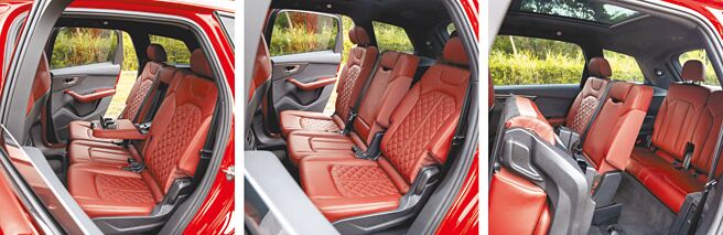 第二排椅配置中央扶手（左）、可前後滑移（中）及摺疊供第三排乘客進出（右）。（陳大任攝）