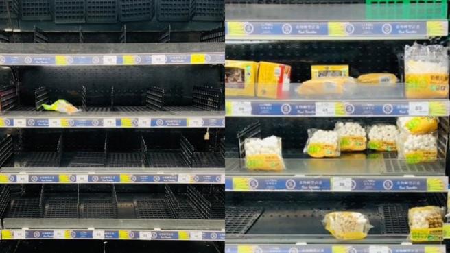 不少民眾为了防颱纷纷到卖场囤货，蔬菜区几乎被扫光，唯独菇类剩不少。（示意图／朱世凯摄）