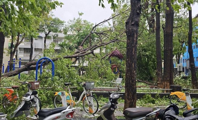 高雄今刮强风阵雨，不少机车骑士不敌强风。（图／翻摄自爆料公社二社）