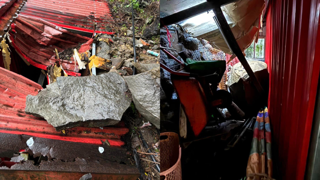 新北市瑞芳区的圆山福德宫惊传落石意外，巨大落石从天而降，直接砸破铁皮屋顶。（图／翻摄瑞芳大小事脸书）