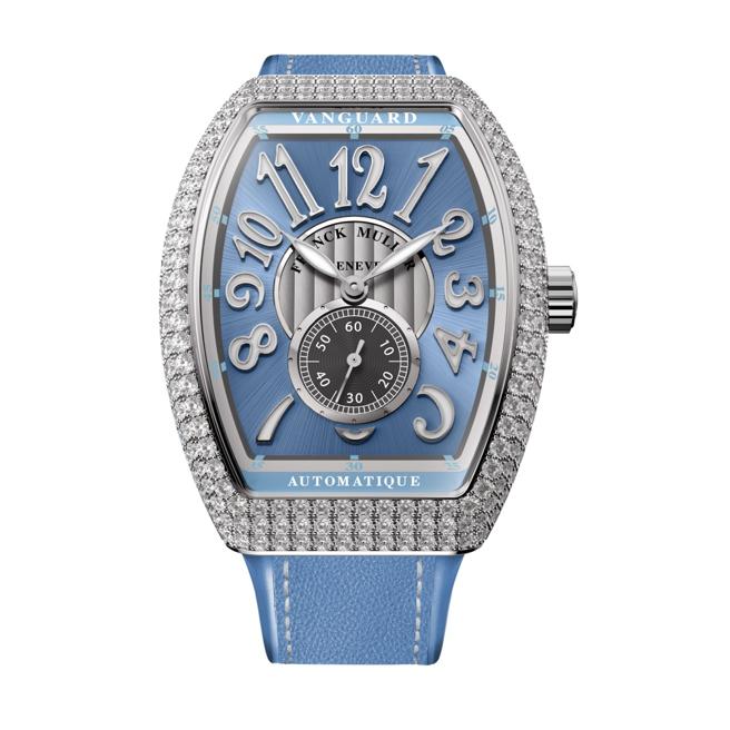 Franck Muller推出新款Vanguard Lady Slim Vintage系列粉蓝面镶镶女表，115万1000元。（Franck Muller提供）