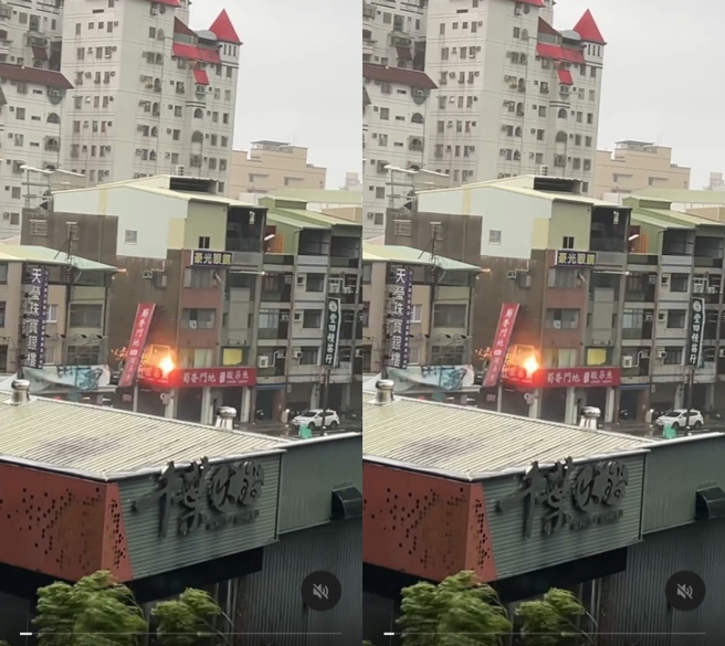 三民區大昌二路與大豐二路口，一處店家的招牌在強風中應聲脫落，隨即重重撞擊電線，瞬間冒出火花。（翻攝threads@claire771008授權提供）