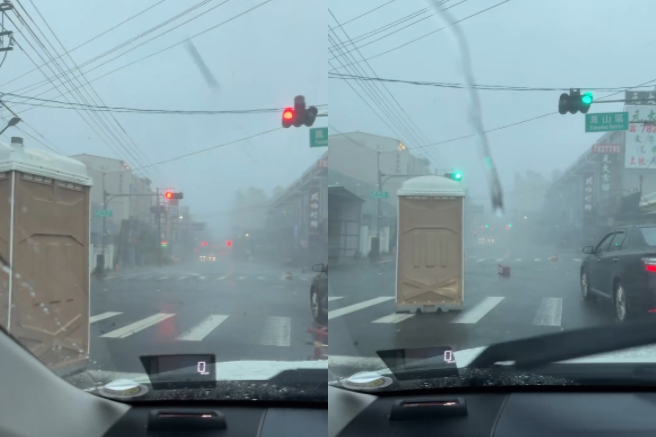 高雄一间移动式厕所被强风吹到在马路上狂奔。（图／threads@__gangking授权提供）