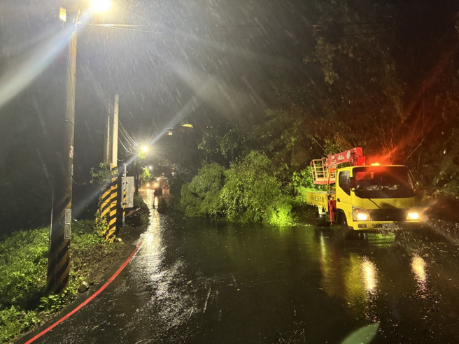 淡水新民街晚间9时许，8米大树突然倒塌，3名骑士遭受波及，所幸都无生命危险。（翻摄画面）