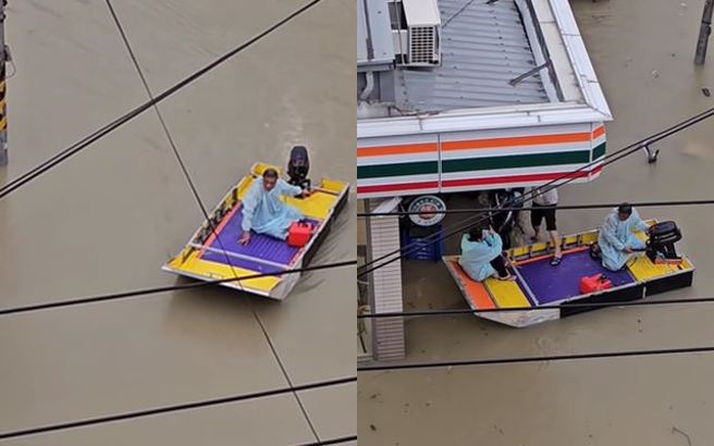 有网友拍下男子开小艇解救超商受困民眾。（图／网友张小姐授权提供）