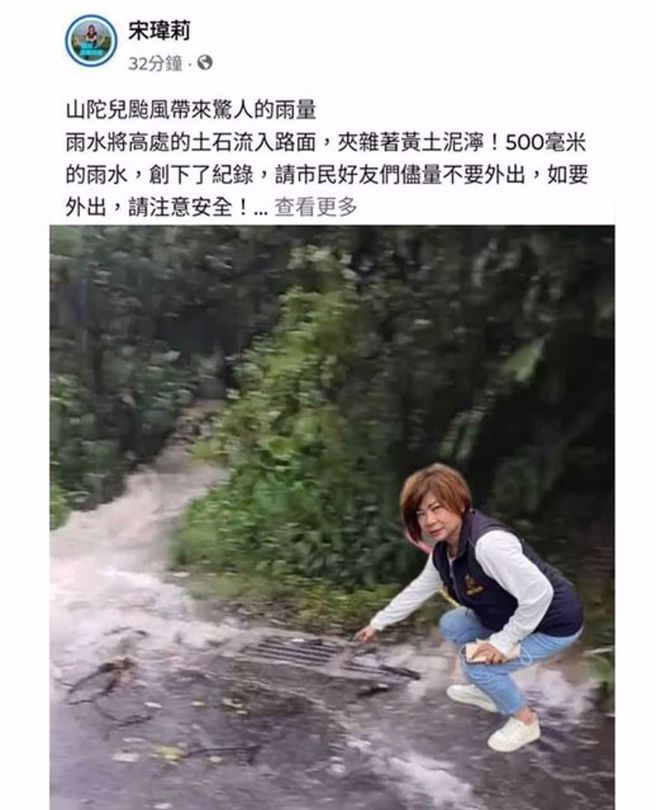 宋瑋莉將自己人像P在淹水道路上，引發網友砲轟，該PO文如今已刪除。(圖／宋瑋莉臉書)