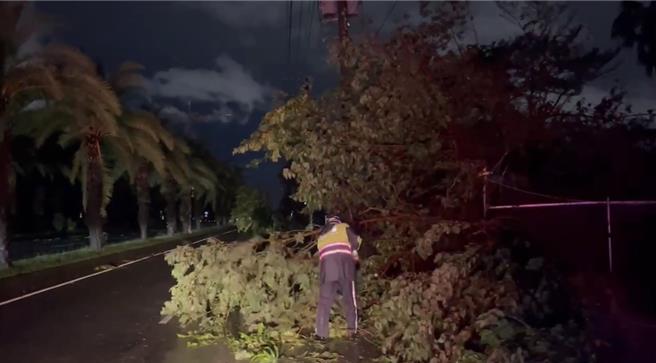 高雄市仁武分局第一線員警不畏艱險在風雨中辛勤付出，充當電鋸手協助排除路障。（警方提供／林雅惠高雄傳真）
