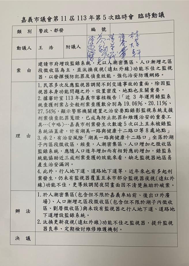 嘉義市議會臨時會4日開幕，議員王浩擬提案建議市府增設及改進錄監系統。（王浩提供／廖素慧嘉市傳真）