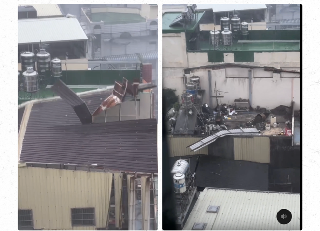 凤山区赤山一处民宅的顶楼加盖铁皮屋被狂风整片掀起。（翻摄threads／oliveli33授权）