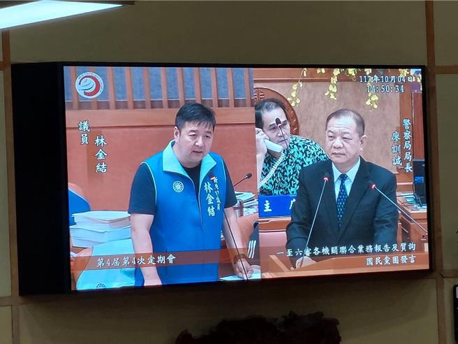 國民黨新北市議員林金結今（4）日在議會要求警察局長廖訓誠檢討警力與裝備問題。（陳慰慈攝）