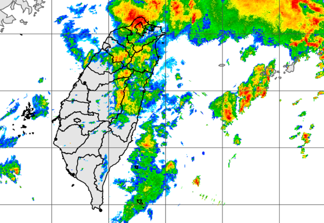今天低氣壓影響，基隆北海岸及台北市山區狂炸大豪雨。（中央氣象署提供）