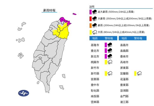 氣象署發布超豪大雨特報。（翻攝自氣象署）
