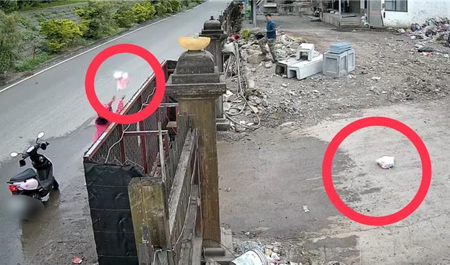 颱风天埔里清洁队停收垃圾，竟有人往清洁队墻内扔垃圾，留守的清洁队员出声制止，妇人不搭理骑机车离去。（民眾提供／杨静茹南投传真）