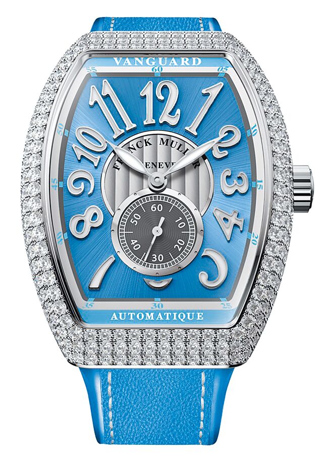 Franck Muller推出新款Vanguard Lady Slim Vintage系列粉蓝面镶钻女表，115万1000元（Franck Muller提供）