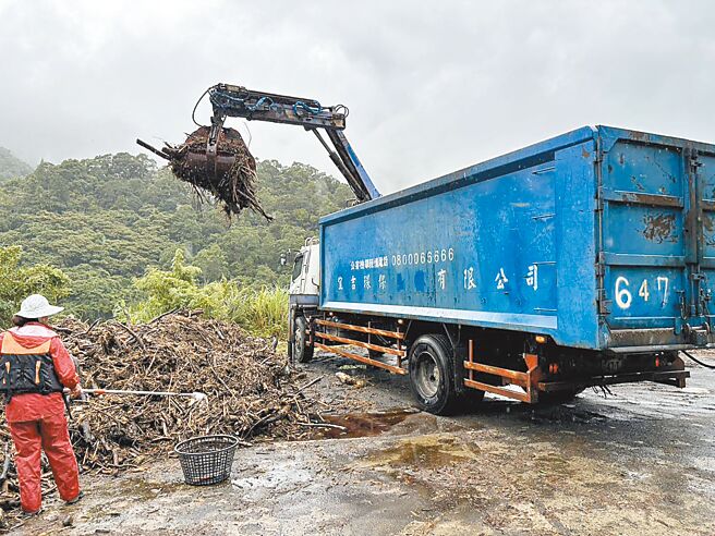 翡翠水庫漂流木清除裝載作業，預估1個月清理完成。（台北市翡管局提供／黃敬文台北傳真）