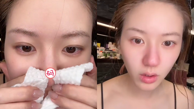 赵露思卸妆挤黑头，鼻子瞬间变红。（图／翻摄自会火 微博）