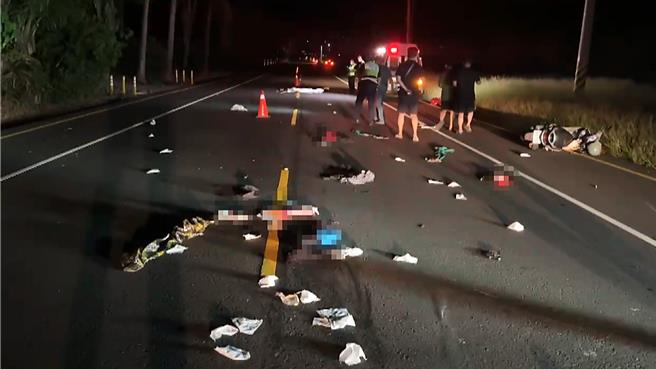 死者邹男头颅破裂，臟器外露，尸体支离破碎遍布路面。（读者提供／萧嘉蕙台东传真）