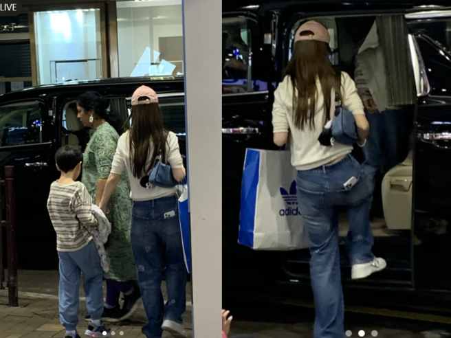 网友拍下Angelababy与儿子小海绵牵手一起上车。（图／翻摄自小红书）