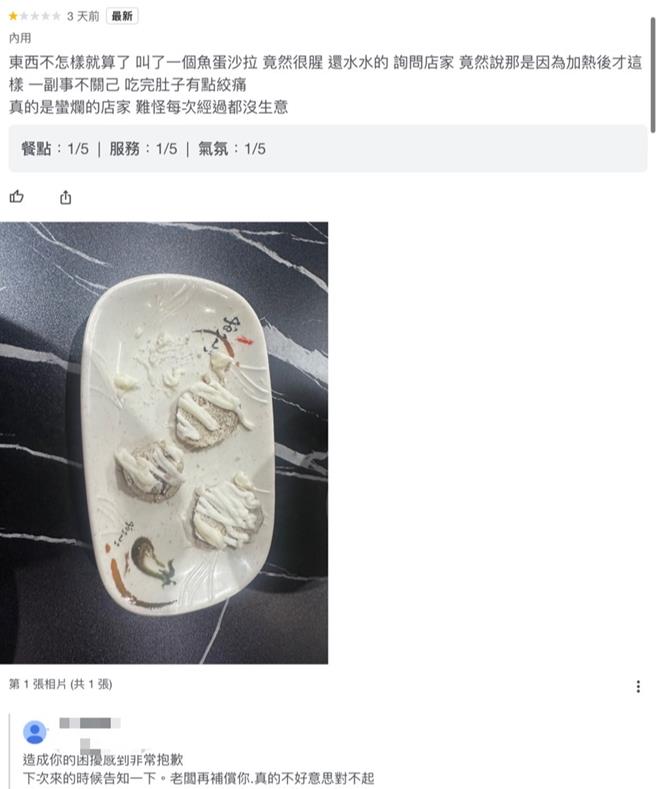 台中市1名男子7日在网路上分享，上周五（4日）凌晨与妻子到西屯区某间海产店吃饭，点了1分鱼蛋沙拉，没想到一吃发现「腥味很重，而且水水的」，隔天就感到腹部绞痛。（翻摄自该店google评论）