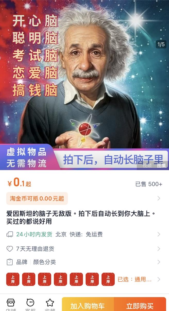 大陸年輕人的「情緒消費」崛起，許多賣家推出「愛因斯坦的腦子」虛擬產品，下單後客服會通過聊天界面給顧客加油打氣。（圖／翻攝自淘寶）