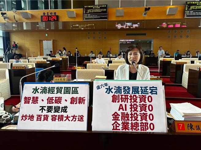 市议员陈淑华痛批，水湳经贸园区匡列预算至今已20年，但6年来建设陷入空白、零进度。（陈淑娥摄）