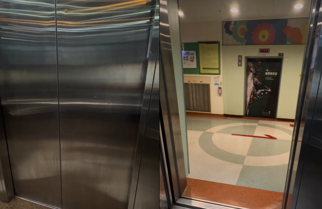 台大妇产科医师施景中深夜来接生接连搭到2号电梯，且都在没有人的1楼停住、开门。（翻摄自施景中脸书）