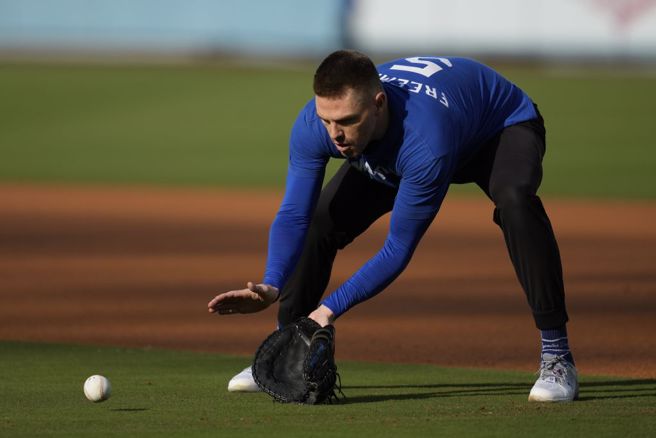 道奇一壘手弗里曼練球。（美聯社資料照）