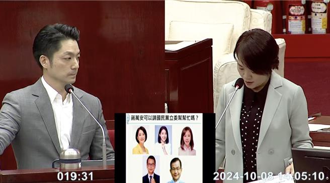 台北市長蔣萬安（左）表示，立院只是退回總預算案而非刪除，就像議會也會暫擱市府總預算案，也請議會民進黨團不要暫擱。民進黨議員簡舒培（右）則酸，上次暫擱市府總歲算案的是國民黨台北市議員陳重文。（摘自台北市議會直播／劉彥宜台北傳真）