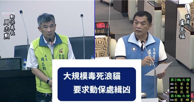 台南市區驚傳數十隻浪貓被集體毒死，市議員盧崑福要求動保處緝凶。（摘自市議會網站）