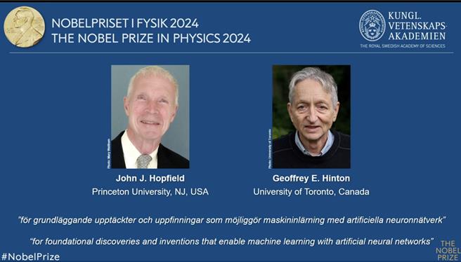 2024年诺贝尔奖物理奖于台湾时间8日傍晚公布得主，由美国科学家霍普菲尔德（John J. Hopfield）、加拿大籍科学家辛顿（Geoffrey E. Hinton）共享殊荣，共获表彰藉由人工神经网络实现机器学习的基础运作，有助于人工智慧的应用发展。（图／诺贝尔委员会）