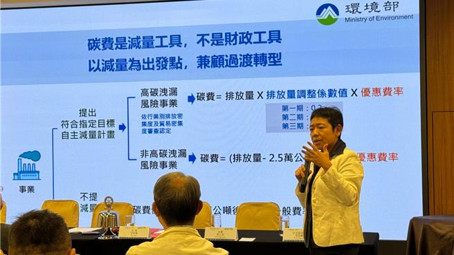 環境部次長施文真（右）今（8）日晚間南下高雄，宣傳碳費制度。（柯宗緯攝）